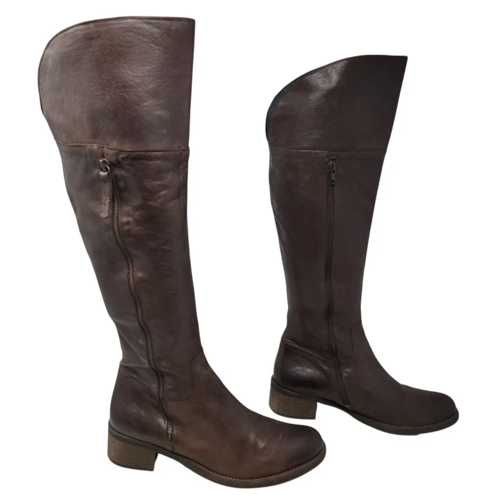 Womens Leather Riding Boots 41 Brown Knee High Side Zip Block Heel Made Portugal